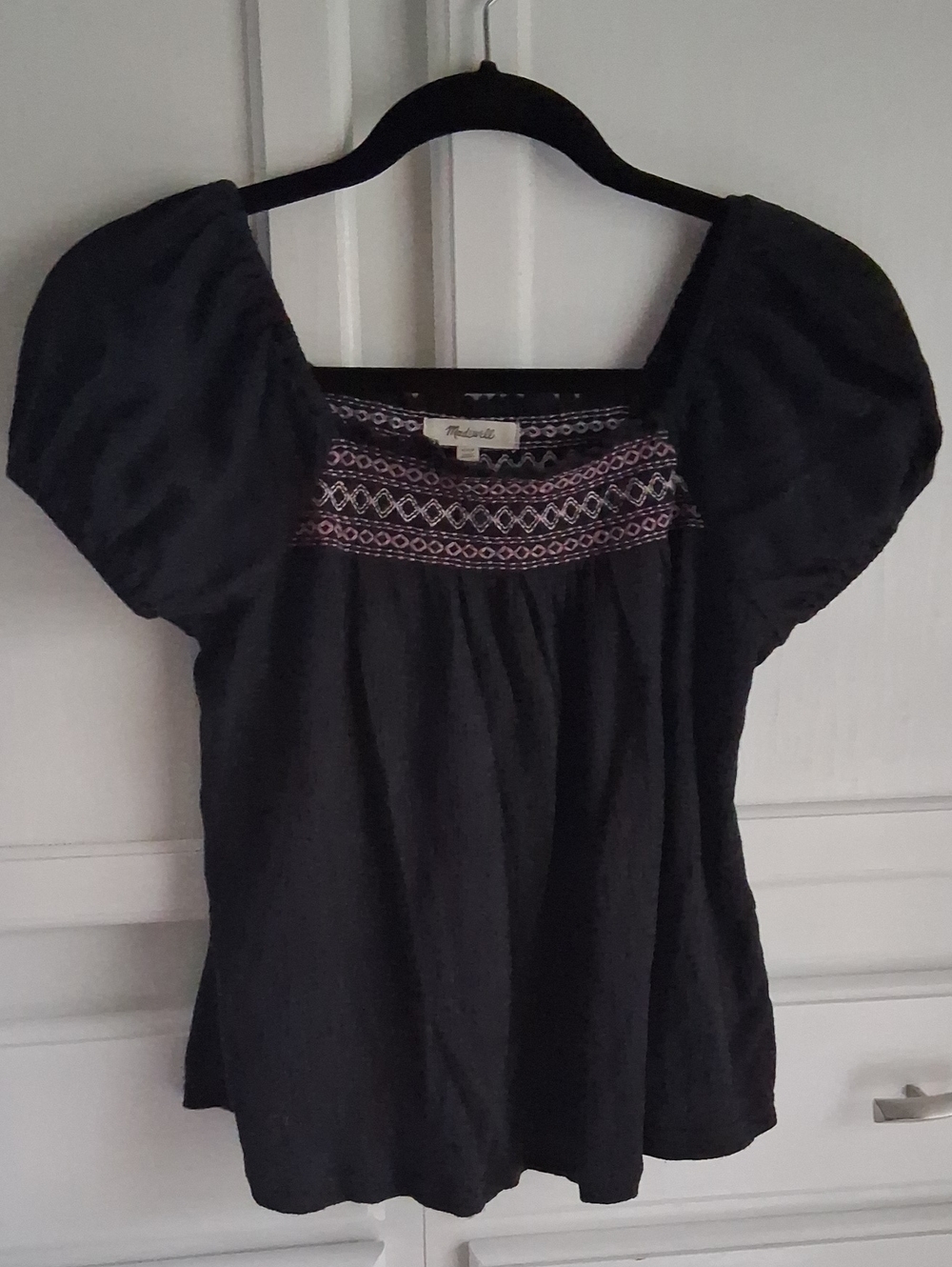 Madewell Black Embroidered Square-Neck Puff Sleeve Top
